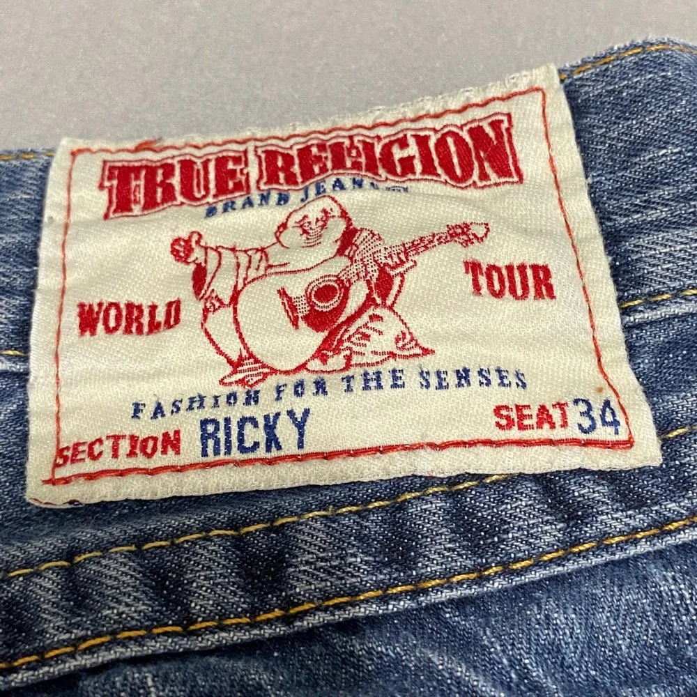 True Religion Ricky Mens 34 Straight Leg Distressed Blue Jeans Made in USA